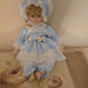Blue and White Porcelain Doll with Lace